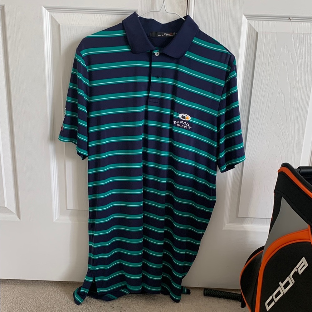 RLX Ralph Lauren Navy and Green Striped Polo Bandon Dunes Medium